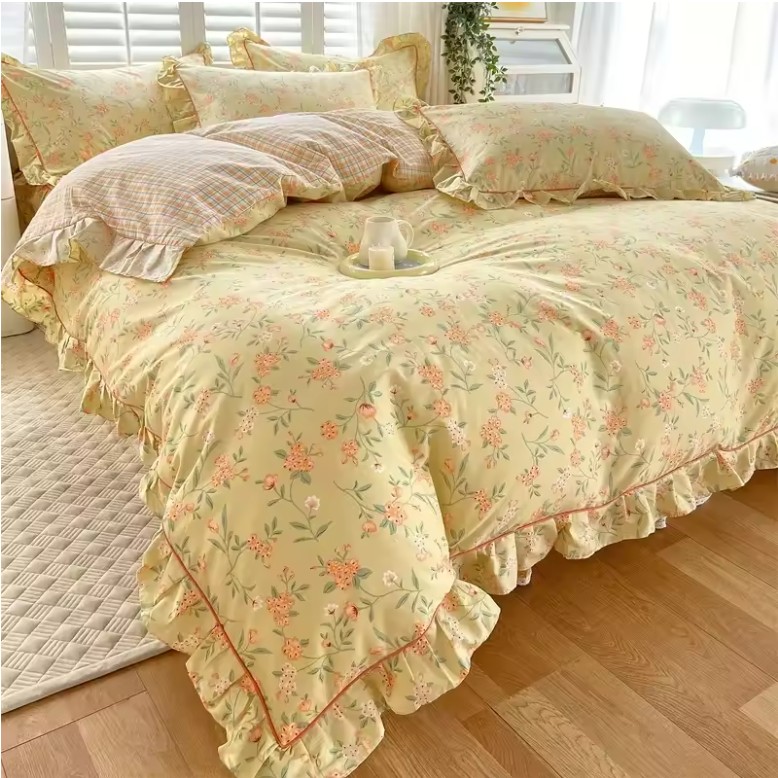 Ruffles 100% Cotton Duvet Cover Set – Floral Princess Style, Queen Size