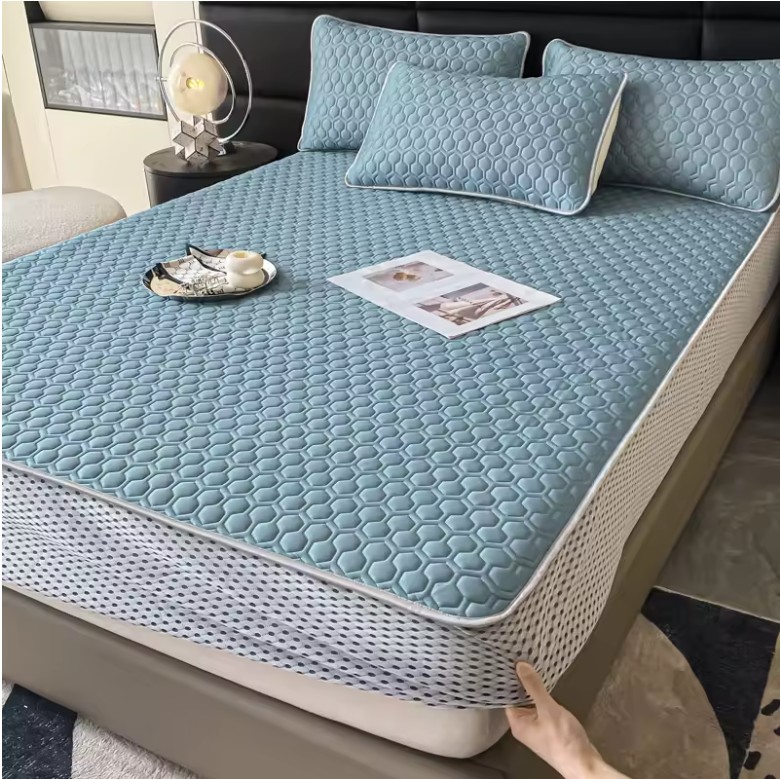 Thickened Natural Latex Cooling Mat – Breathable Ice Silk Summer Bed Sheet Set with Pillowcases - Image 6